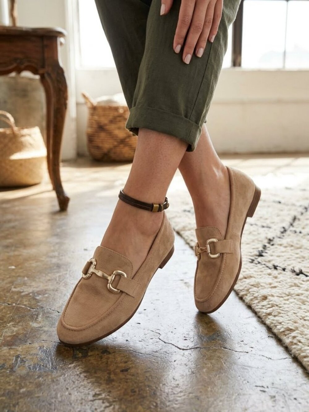 A New Day Carolyn Beige Suede Gold Bit Loafers 9